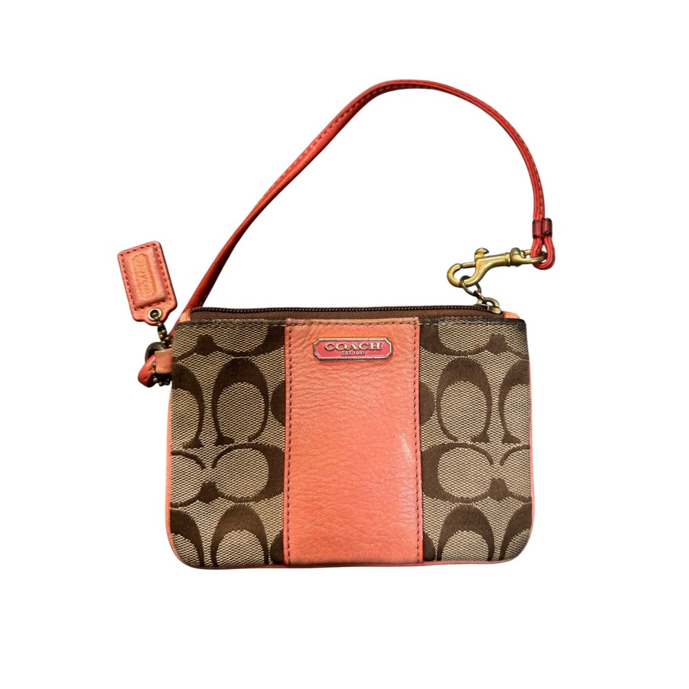 Coach Signature C Wristlet Brown Canvas Coral Pink Leather Trim Bag